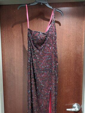 Precious Formals F8265 100% Silk Size 8 Black Pink Prom Dress